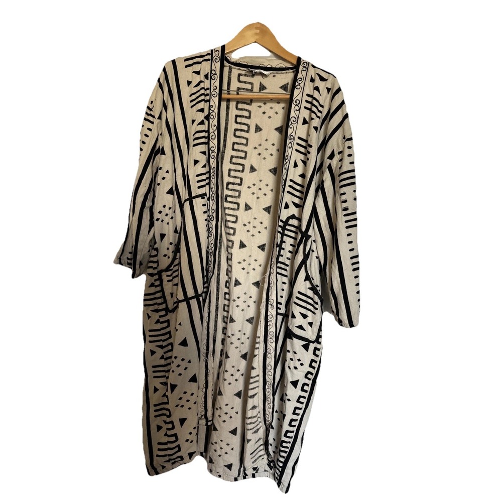African Essence Mudcloth Tribal Print Embroidered Kimono Duster Artsy  Onesize‎